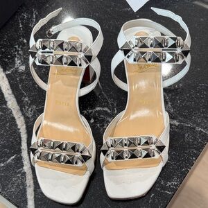 Christian Louboutin White Studded Ankle-Strap Heels with Silver Pyramid Trim
